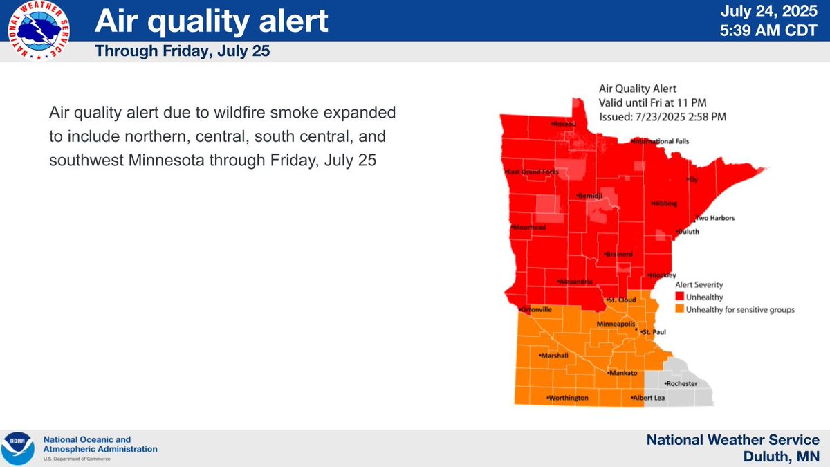 NWSduluth's tweet image. Air quality alert due to wildfire smoke expanded to include northern, central, south central, and southwest Minnesota through Friday, July 25