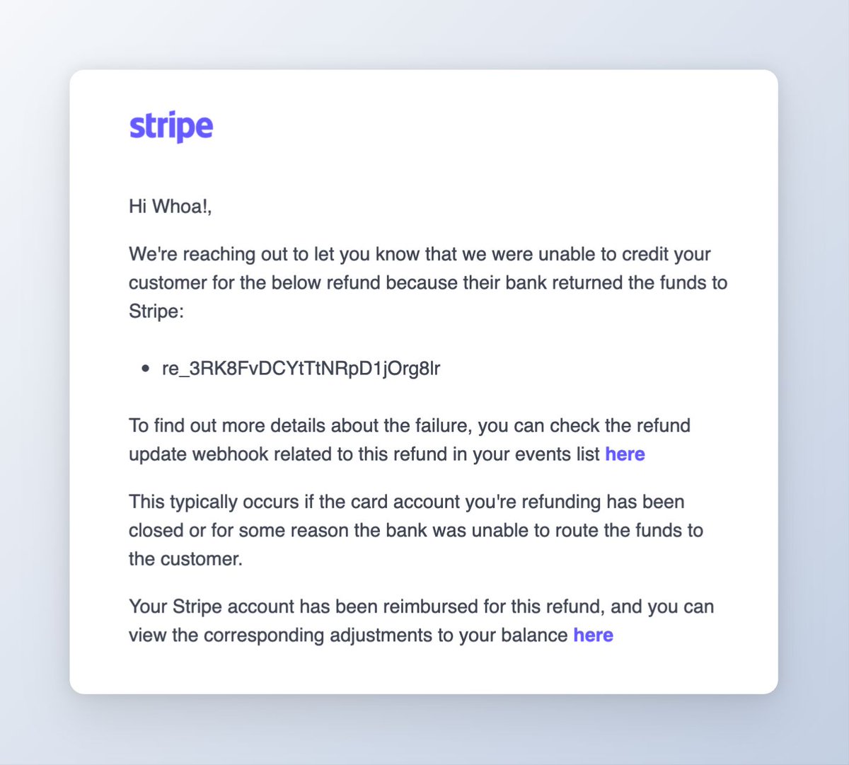WTF？Stripe 退款居然还能失败？

起因是我收到了 suspected fraudulent payments 的提醒，本着多一事不如少一事的原则，我直接就给退款了。

结果没想到啊！退款都退不了了，直接给干成 dispute 了，血亏！