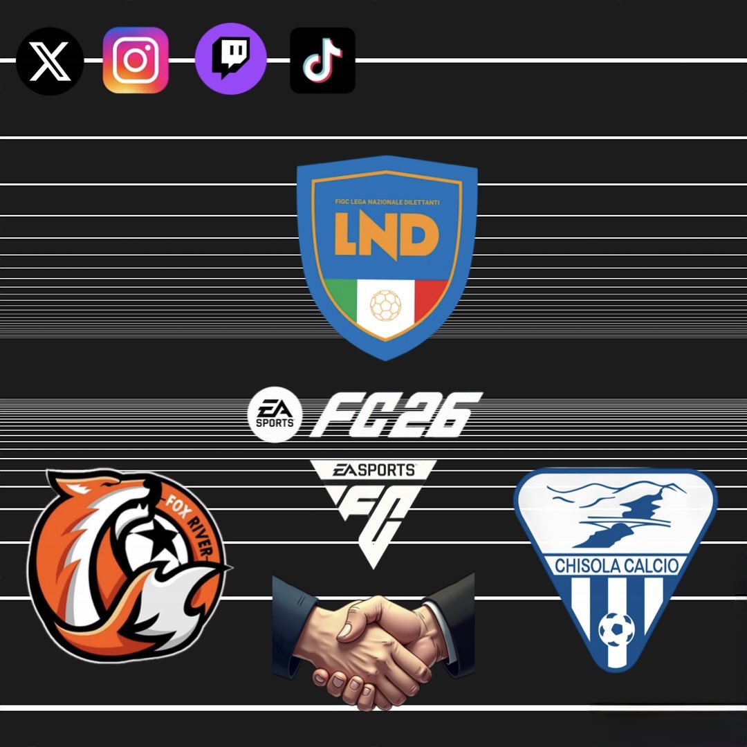 Fox River (@foxriver10_) on Twitter photo Collaborazione ๐
con la Societร ASD Chisola Calcio, militante in serie D.
Vestiremo i loro colori per la stagione di <a href="/LNDEsport1/">LND Esport</a> su Fc26 ๐ค๐ป
Ringraziamo <a href="/AManagament/">Alessandriasports Management</a> per lโenorme opportunitร .
#FoxRiver Collaborazione ๐
con la Societร ASD Chisola Calcio, militante in serie D.
Vestiremo i loro colori per la stagione di <a href="/LNDEsport1/">LND Esport</a> su Fc26 ๐ค๐ป
Ringraziamo <a href="/AManagament/">Alessandriasports Management</a> per lโenorme opportunitร .
#FoxRiver