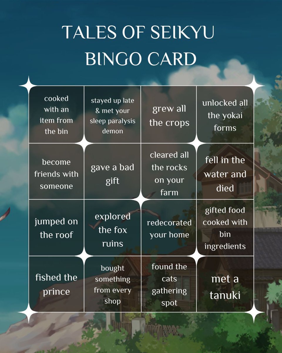 TalesOfSeikyu's tweet image. 🌸✨ Tales of Seikyu Bingo Time! ✨🌸
Can you fill out the whole card? 👀 Share your answers and/or tag your fellow Seikyuian!
#TalesOfSeikyu #IndieGameLove #BingoTime