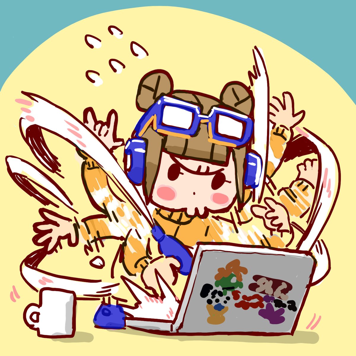 まねもんくんのロード時間用のイラスト👍今日の仕事はこんな感じやったな…　画:HAさん