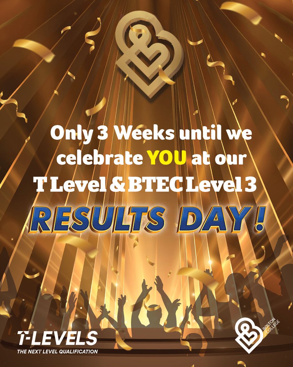 📣 T Level &amp; BTEC Level 3 learners - Results Day is just 3 weeks away!
Pick up your results in person on Thursday 14th August, 9am–12pm - Deane Road Campus, BL3 5BG. 
Feeling nervous or excited? We’re here for you every step of the way.
We are Bolton College, Here for You. 🌟