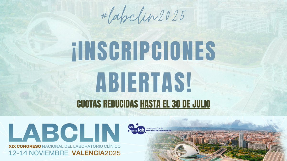 Laboratorio Clínico (@congresolabclin) on Twitter photo 🚀¡Todo preparado para el evento clave para profesionales del #LaboratorioClínico!🧪
✍️🏻Inscríbete en #LABCLIN2025 antes del 30 de julio para disfrutar de las cuotas reducidas
🌐labclin2025.es/index.php/insc…
📍 12-14 de noviembre en el Centro de Eventos Feria de Valencia🌊
<a href="/Semedlab/">Sociedad Española de Medicina de Laboratorio</a> 🚀¡Todo preparado para el evento clave para profesionales del #LaboratorioClínico!🧪
✍️🏻Inscríbete en #LABCLIN2025 antes del 30 de julio para disfrutar de las cuotas reducidas
🌐labclin2025.es/index.php/insc…
📍 12-14 de noviembre en el Centro de Eventos Feria de Valencia🌊
<a href="/Semedlab/">Sociedad Española de Medicina de Laboratorio</a>