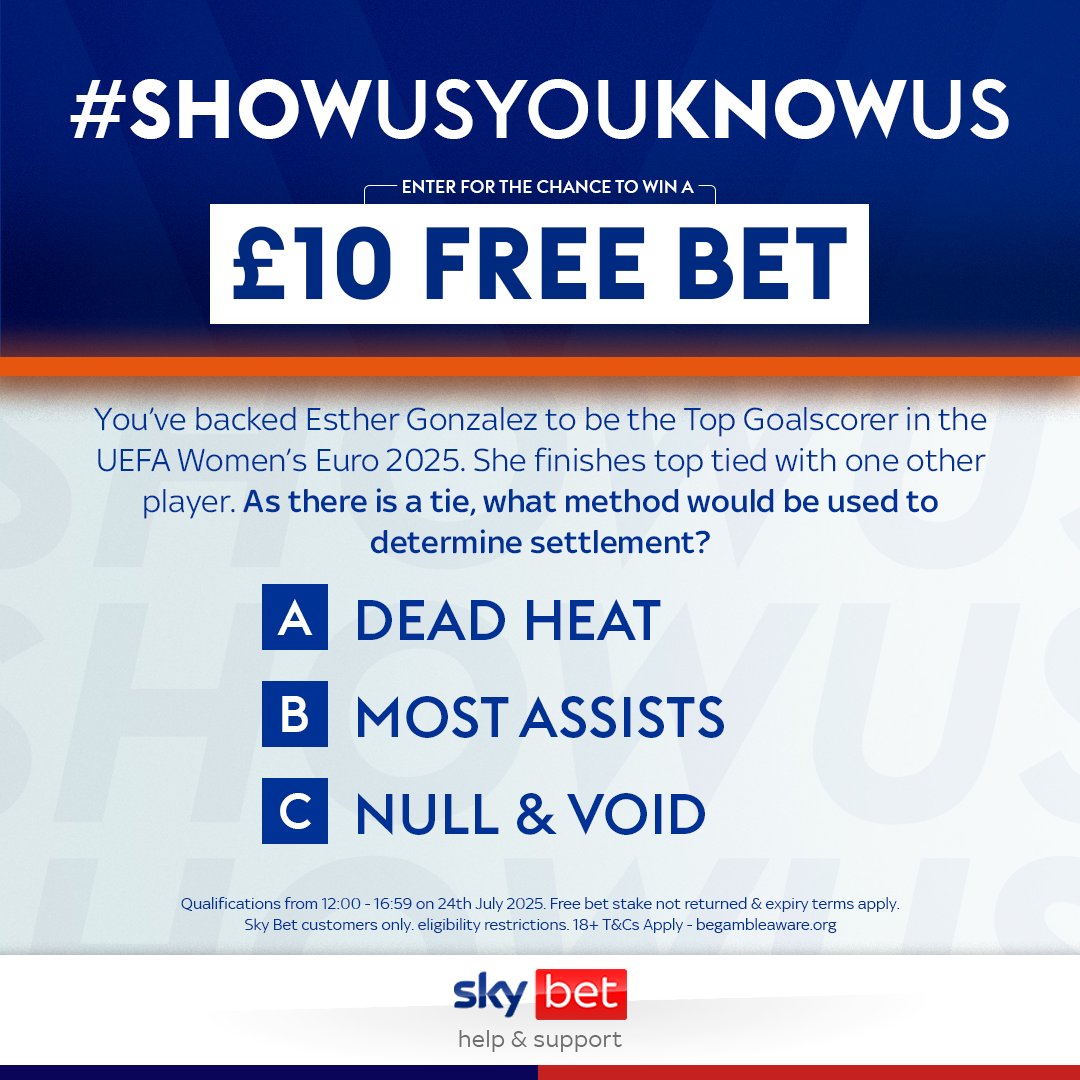 SkyBetHelp's tweet image. π Follow SkyBetHelp & reply with the correct answer using #ShowUsYouKnowUs to be in with a chance of winning a free bet!
π€ We're giving away a Β£10 free bet per 50 entrants!
β Open until 5pm
π T&C's: ms.spr.ly/6012ogWSw