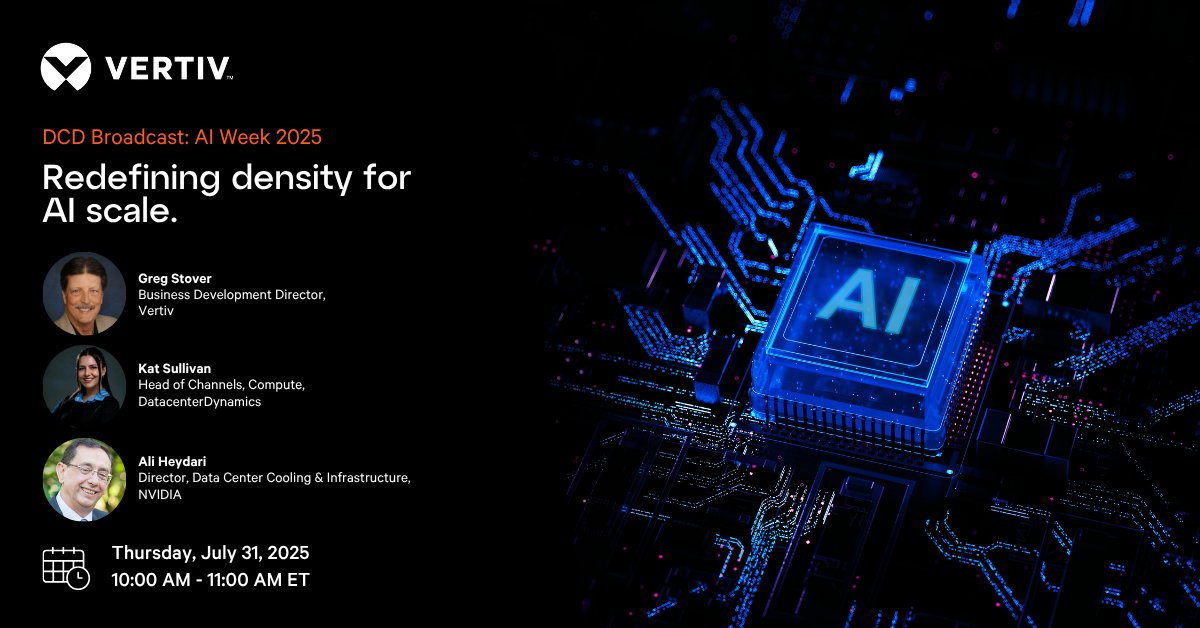 Join Vertiv at DCD AI Week on July 31, 10 AM ET, for a session about "Redefining density for AI scale”. Learn how modular, high-performance solutions are tackling the challenges of 100kW+ per rack densities and enabling seamless AI growth. See more: ms.spr.ly/6013SfIW3

#AI
