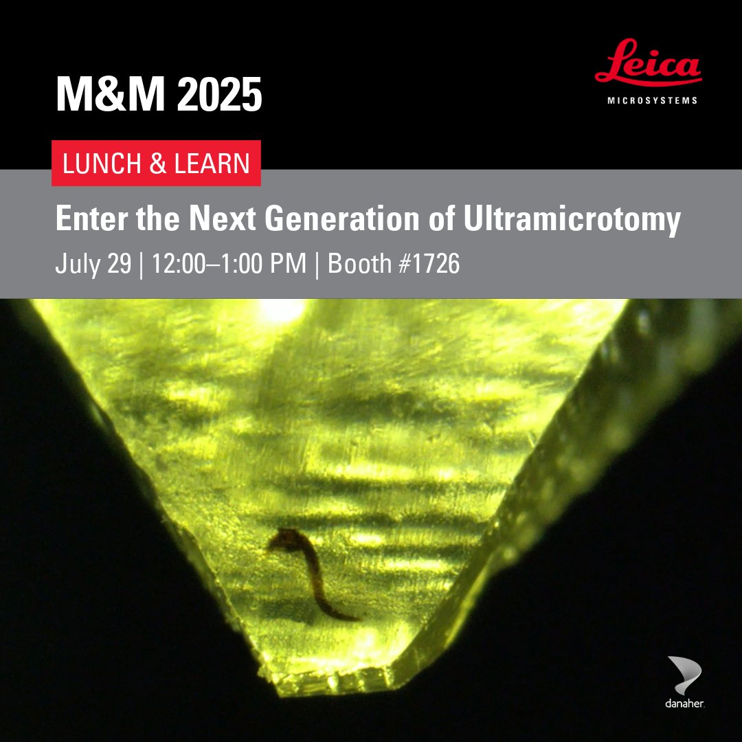LeicaMicro's tweet image. 🔬 Join Leica at M&M 2025 for a Lunch & Learn on next-gen ultramicrotomy! 🔗 fcld.ly/q0k3zz6
Explore automation, target trimming & more in EM sample prep.
📅 July 29, 12-1 PM 📍 Booth #1726
🎙️ Franziska Werner, Ph.D.
#Microscopy #EM #MMA2025