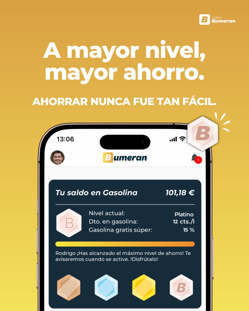 ¿Sabías que ahorrar en gasolina puede ser así de fácil?
Con Tarjeta Bumeran, cada carga te lleva a un nivel de ahorro mayor.
📈 Cuanto más usas tu tarjeta, más ganas.
⛽ Hasta 12 cts./l de descuento y gasolina gratis en nivel Platino.
