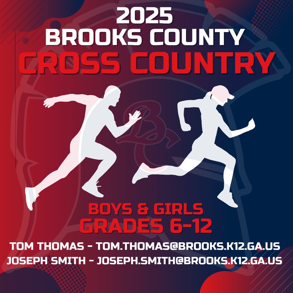 Brooks County School District (@bcs_trojans) on Twitter photo 📢Trojan Nation!!
🎉WE NOW HAVE CROSS COUNTRY🎉
⚠Boys & Girls - Grades 6-12
📅Practice starts August 5th
Questions?? Please Contact:
Tom Thomas - tom.thomas@brooks.k12.ga.us (Boys)
Joseph Smith - joseph.smith@brooks.k12.ga.us (Girls)
#W.I.N.
#GoTrojans🔴🔵 📢Trojan Nation!!
🎉WE NOW HAVE CROSS COUNTRY🎉
⚠Boys & Girls - Grades 6-12
📅Practice starts August 5th
Questions?? Please Contact:
Tom Thomas - tom.thomas@brooks.k12.ga.us (Boys)
Joseph Smith - joseph.smith@brooks.k12.ga.us (Girls)
#W.I.N.
#GoTrojans🔴🔵