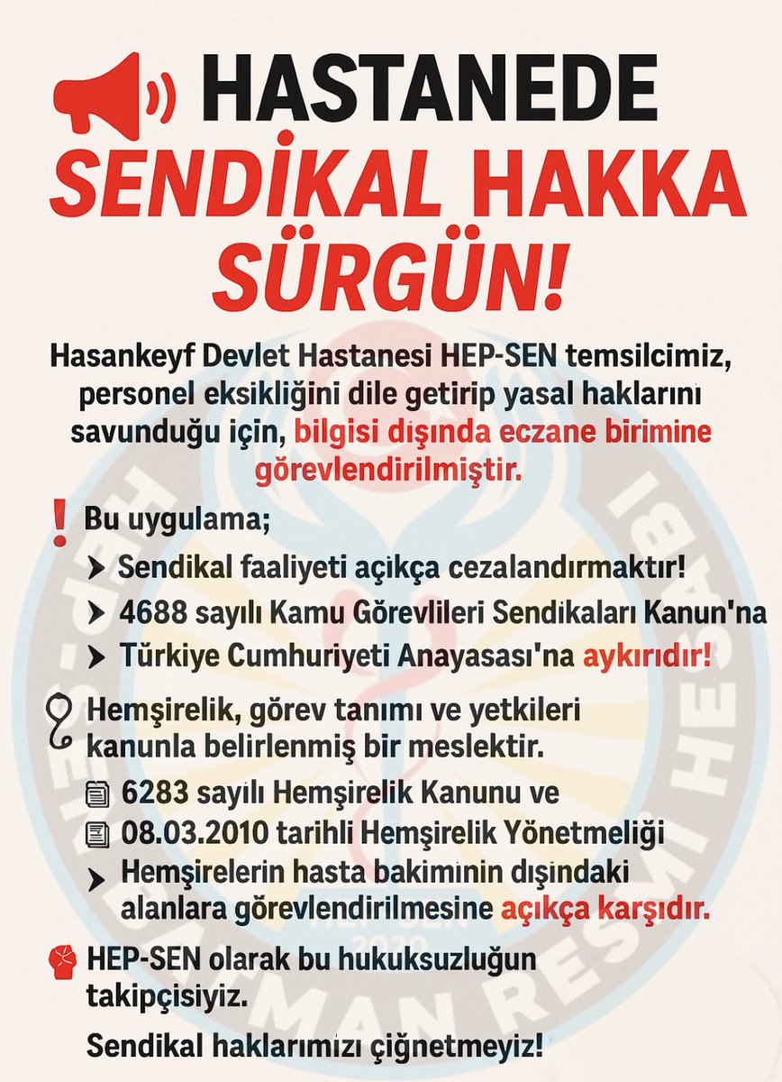 Hepsen_Batman's tweet image. 📣 HEP-SEN Batman Şubesi olarak;
İdareyi, hukuka uygun hareket etmeye, sendikal haklara saygı göstermeye ve hemşirelik mesleğinin onurunu korumaya davet ediyoruz.
#HasankeyfteMobing
@batmanilsaglik @saglikbakanligi
@hepsen_2020 @batmanburada @batmangazetesi @batmanvaliligi