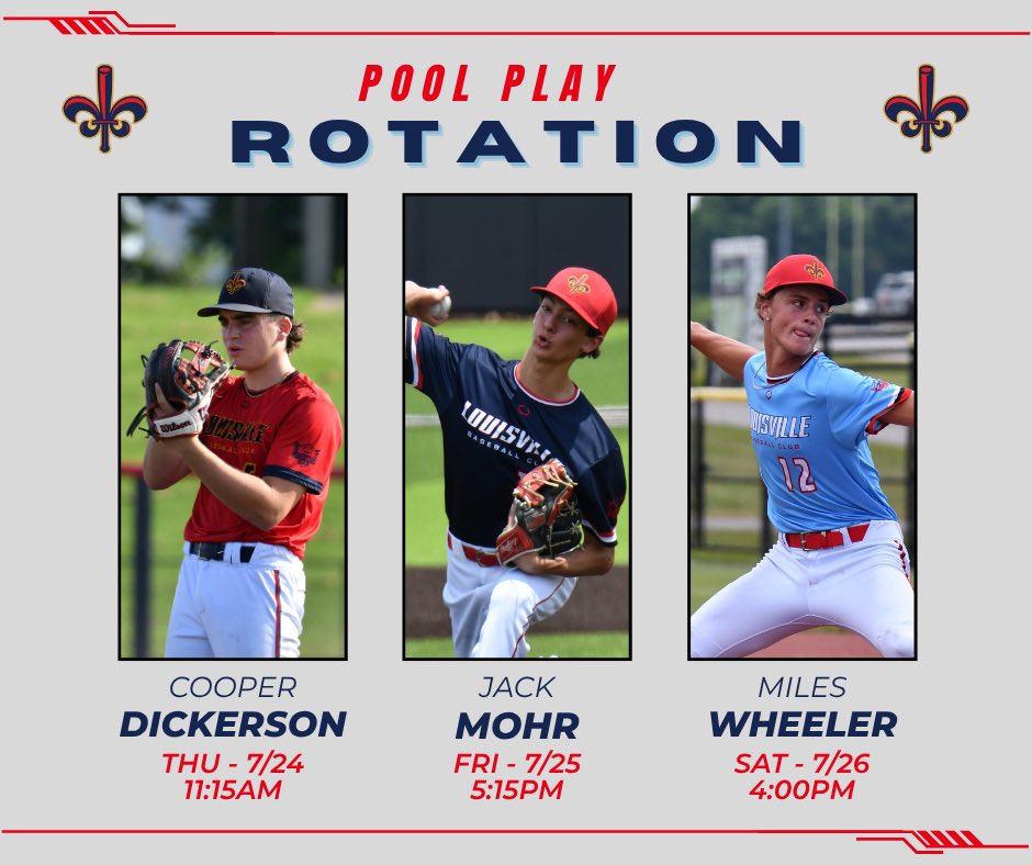 Louisville Baseball Club 2028 American (@lbc2028american) on Twitter photo ⛽️ POOL PLAY STARTERS ⛽️
Tentative starting pitchers for this weekend's pool play matchups💪
<a href="/LouBSBClub/">Louisville Baseball Club</a> ⛽️ POOL PLAY STARTERS ⛽️
Tentative starting pitchers for this weekend's pool play matchups💪
<a href="/LouBSBClub/">Louisville Baseball Club</a>