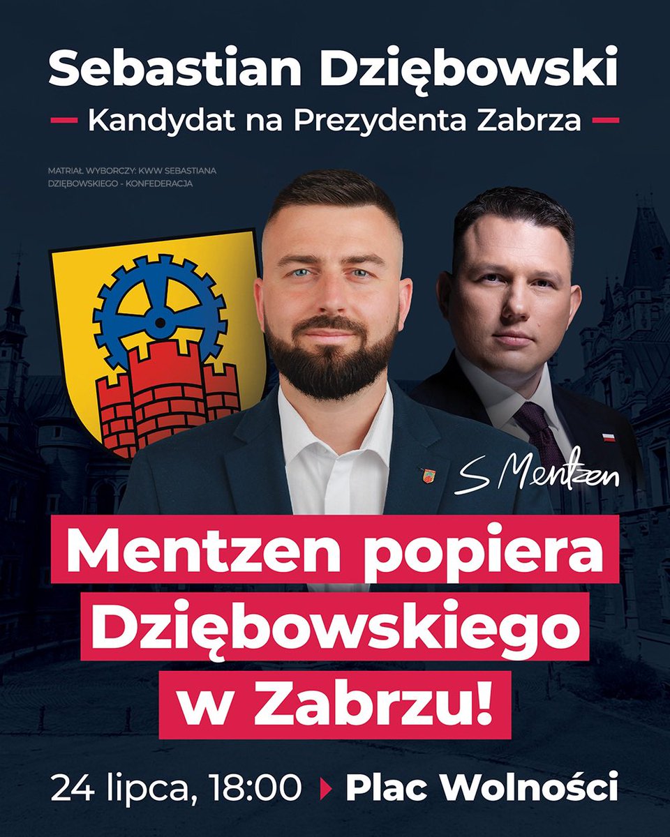 SlawomirMentzen's tweet image. Już dzisiaj o 18:00 będę w Zabrzu na wiecu poparcia dla naszego kandydata na prezydenta Zabrza Sebastiana Dziębowskiego!
Do zobaczenia!