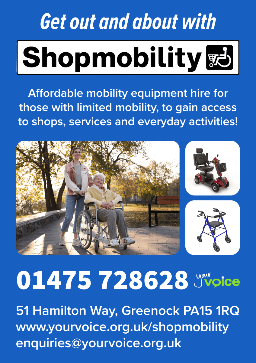 YourVoiceInver's tweet image. Shopmobility is open to everyone, to help you get around Inverclyde more safely!
We provide a wide range of mobility equipment including scooters, powered and manual wheelchairs and walking aids. 😊 yourvoice.org.uk/shopmobility
#shopmobility #disability #wheelchair