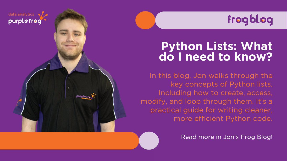 PurpleFrogSys's tweet image. Want to slice smarter and loop better in #Python? 🧠
Jon, one of our consultants, explains Python lists like a pro:
✅ Indexing
✅ Appending
✅ Comprehensions
📖 Read the blog: purplefrogsystems.com/2025/07/python… #PythonTips #Coding