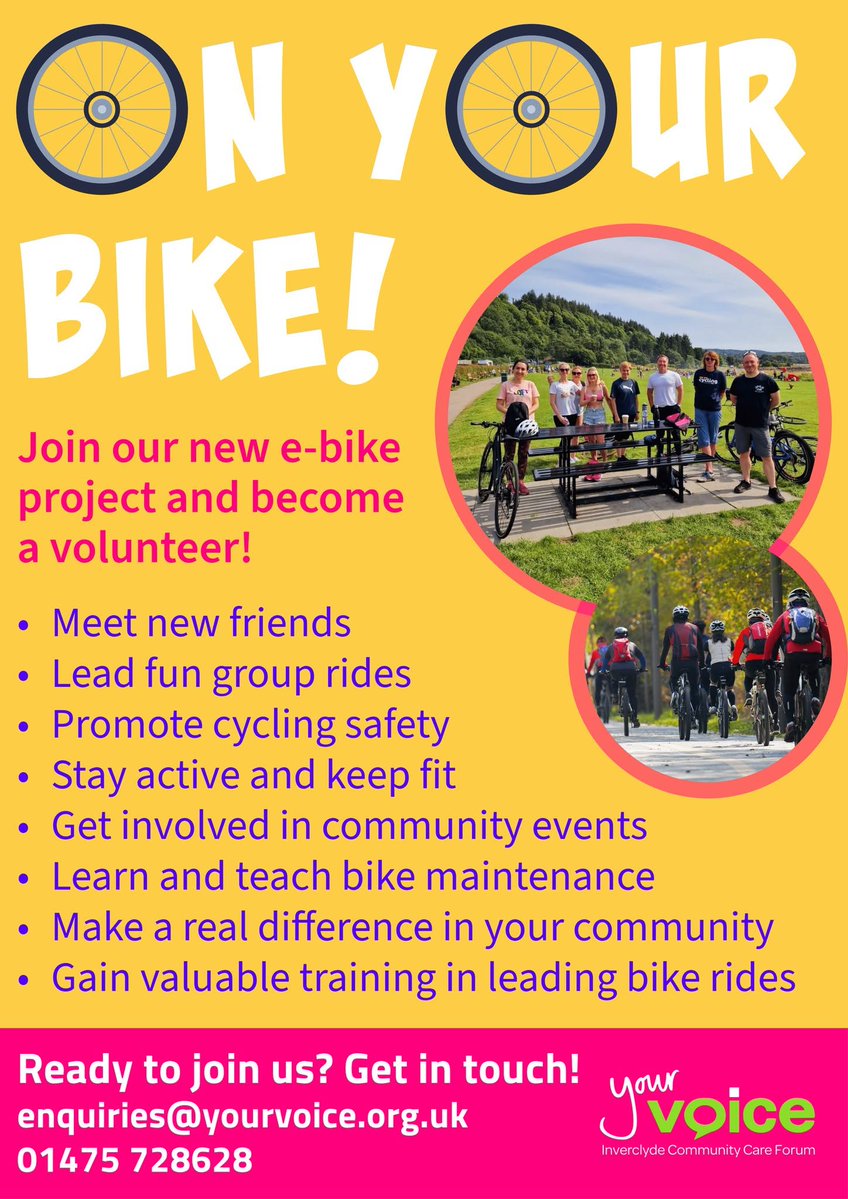 YourVoiceInver's tweet image. Get 𝐎𝐍 𝐘𝐎𝐔𝐑 𝐁𝐈𝐊𝐄! 🚴♀️🍏
Join our team of volunteers and help make a positive impact in our community! 😁🩵
01475 728628
enquiries@yourvoice.org.uk
yourvoice.org.uk/news/on-your-b…
#cycling #volunteering #bikes #Inverclyde #fitness #exercise #yourvoice