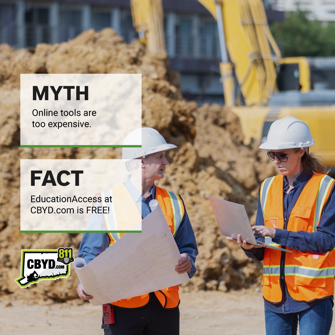 CBYD811's tweet image. Myth: Educational online tools for excavators are expensive and difficult to find.
Fact: All Connecticut excavators have access to FREE training on EducationAccess at CBYD.com.
Get your crew digging smart and safe! 🚧
#CBYD #DigSmart #ExcavationSafety