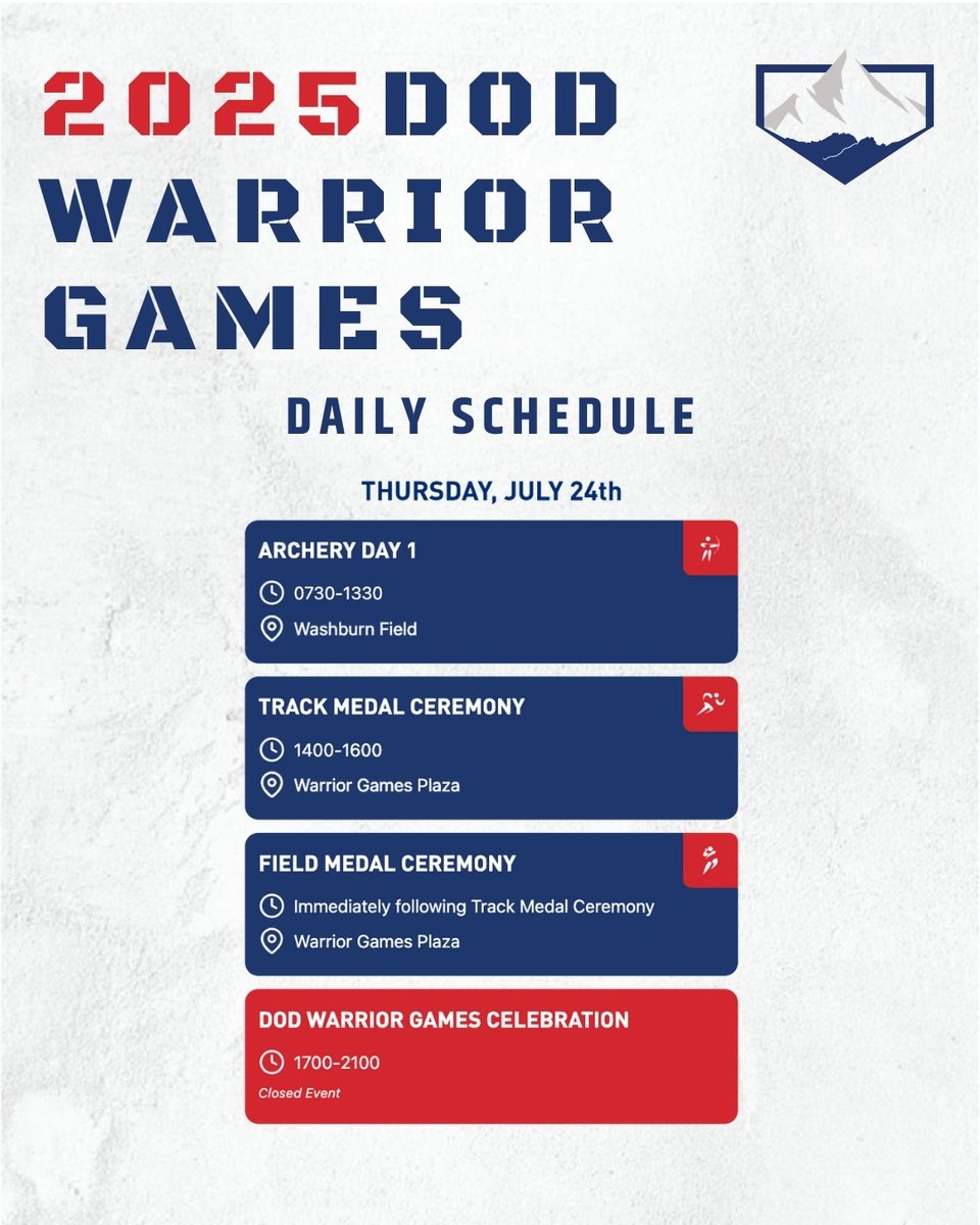 dodwarriorgames's tweet image. Day 7 of Warrior Games will feature archery. Watch LIVE at dodwarriorgames.com (free) or on ESPN+ (with a subscription). Let’s go Warriors!
ESPN+ Broadcast: Archery Competition airing 0930 - 1345 ET.