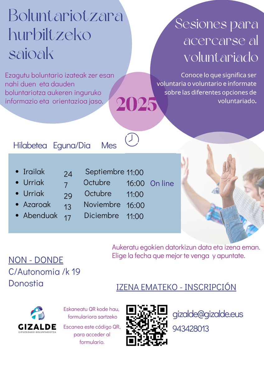 Ikasturte berrirako zure planen artean boluntario izatea badago, hementxe dituzu jakin beharreko guztia emango dizuten boluntariotzara hurbiltzeko saioak:
👉aukeratu egokien datorkizun data eta izena eman. labur.eus/7aWKh