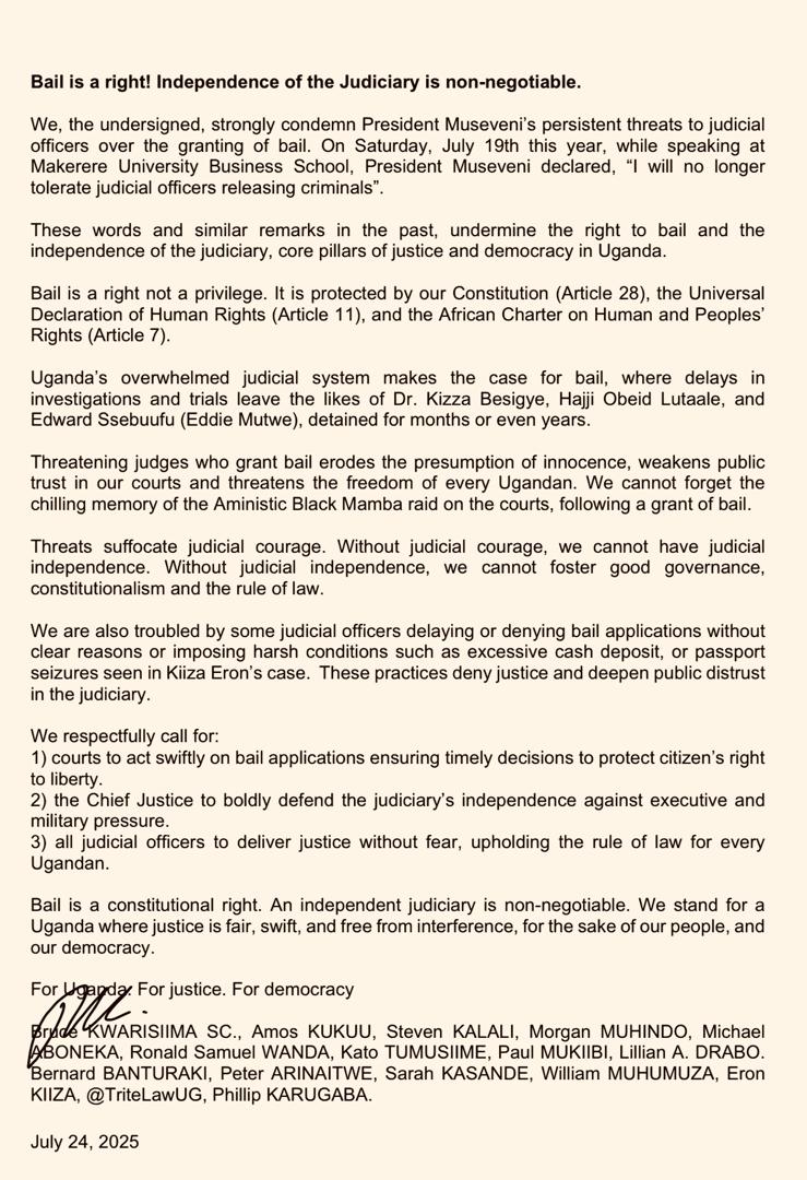 Steven Kalali (Halsbury) (@kalalisteven) on Twitter photo We have issued a statement against <a href="/KagutaMuseveni/">Yoweri K Museveni</a>'s continued attack on the independence of the <a href="/JudiciaryUG/">Judiciary Uganda</a> and persistent attack on the right to liberty and fair hearing through continued call for unreasonable denial of bail.✍ such attacks violate . . .
1/2 We have issued a statement against <a href="/KagutaMuseveni/">Yoweri K Museveni</a>'s continued attack on the independence of the <a href="/JudiciaryUG/">Judiciary Uganda</a> and persistent attack on the right to liberty and fair hearing through continued call for unreasonable denial of bail.✍ such attacks violate . . .
1/2