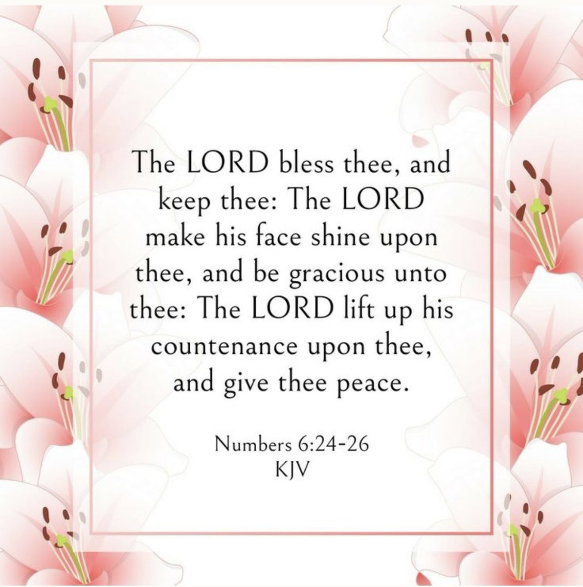 Numbers 6:24-26

The Lord bless thee, and keep thee:
The Lord make his face shine upon thee, and be gracious unto thee:
The Lord lift up his countenance upon thee, and give thee peace.