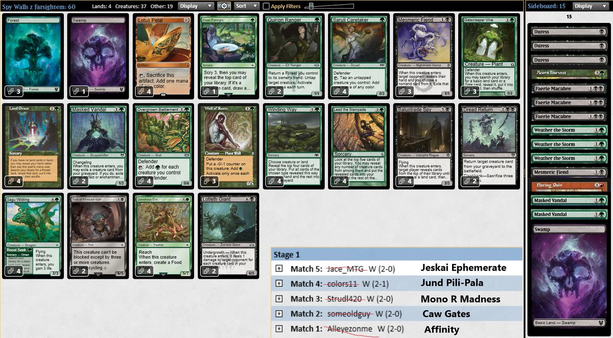 And I ended up with a trophy! 🏆

Some thoughts:
- 3 Forest/1 Swamp main to speed up the goldfish with another Swamp in side vs Wildfire decks
- 3 Mesmeric Fiends main (better than Vandal now)
- 3 Duress side to combat dedicated hate

 Pauper is great, you should all try it!🥰
