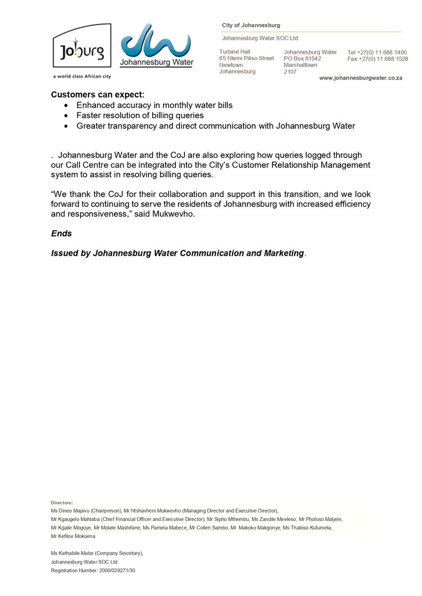 Johannesburg Water (@jhbwater) on Twitter photo 🚨Media Statement🚨
<a href="/JHBWater/">Johannesburg Water</a> has officially taken over water and sanitation billing from the City of Johannesburg to streamline services and improve customer experience.
Read the full statement: 👇 🚨Media Statement🚨
<a href="/JHBWater/">Johannesburg Water</a> has officially taken over water and sanitation billing from the City of Johannesburg to streamline services and improve customer experience.
Read the full statement: 👇
