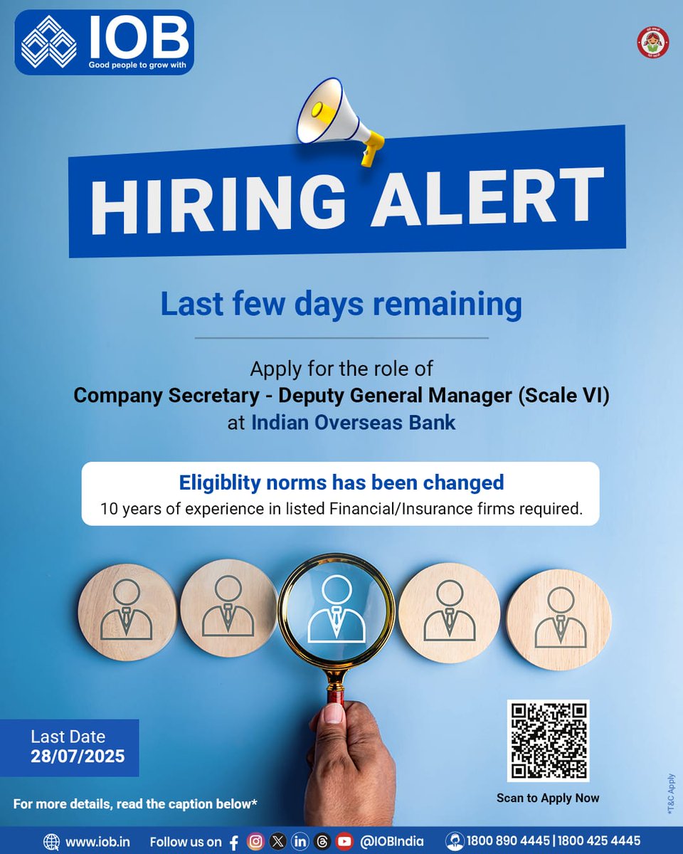 HIRING ALERT! IOB is looking for the right fit for the role of Company Secretary – Deputy General Manager (Scale VI).

Eligibility norms have been revised. Who can apply?

Candidates with 10 years of experience in Finance/Insurance listed companies,
👉 including a minimum of 5