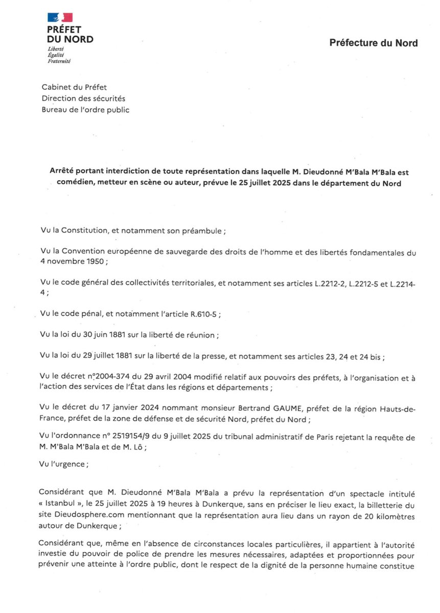 MbalaDieudo's tweet image. Nouvel arrêté préfectoral pour demain ! Dieudonné interdit de tout dans le nord, quelque soit le spectacle ou le texte, Il est interdit même pour un spectacle de mime ! Du jamais vu ! RDV au tribunal administratif. Réservez vite Dieudonné sera là demain. dieudosphere.com
