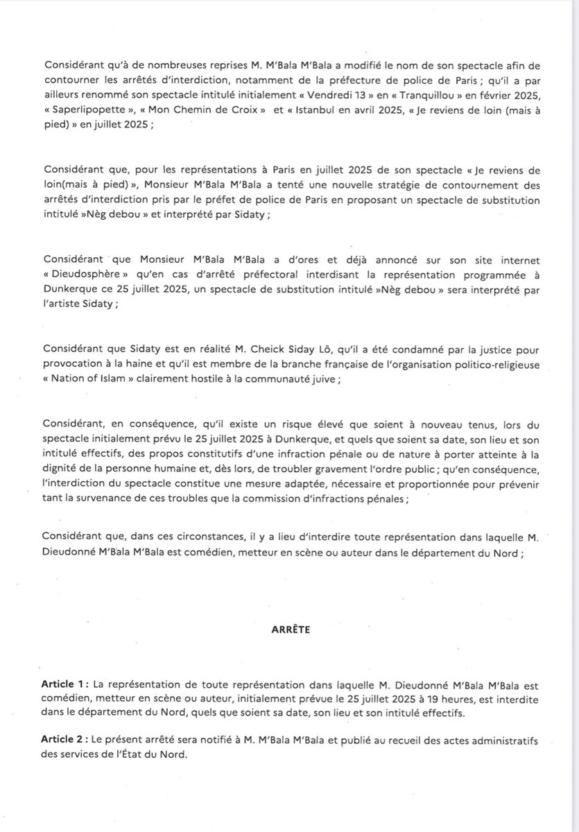 MbalaDieudo's tweet image. Nouvel arrêté préfectoral pour demain ! Dieudonné interdit de tout dans le nord, quelque soit le spectacle ou le texte, Il est interdit même pour un spectacle de mime ! Du jamais vu ! RDV au tribunal administratif. Réservez vite Dieudonné sera là demain. dieudosphere.com