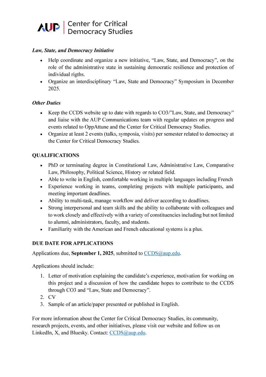 AUP_CCDS's tweet image. 📢 We&apos;re hiring a Post-Doc in Critical Democracy @AUParis for the 2025-2026 academic year! Join our Horizon-Europe project on resilient social contracts + help launch a “Law, State &amp;amp; Democracy” initiative. 🗓 Apply by Sept 1, 2025 👉 CCDS@aup.edu
#Postdoc #AcademicJobs #Law