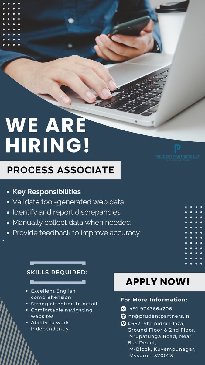 PartnersPrudent's tweet image. 🔍 We&apos;re Hiring: Process Associate! 📷 Mysuru | 📷 Freshers Welcome 📷 Apply now: hr@prudentpartners.in #MysuruJobs#HiringNow #ProcessAssociate