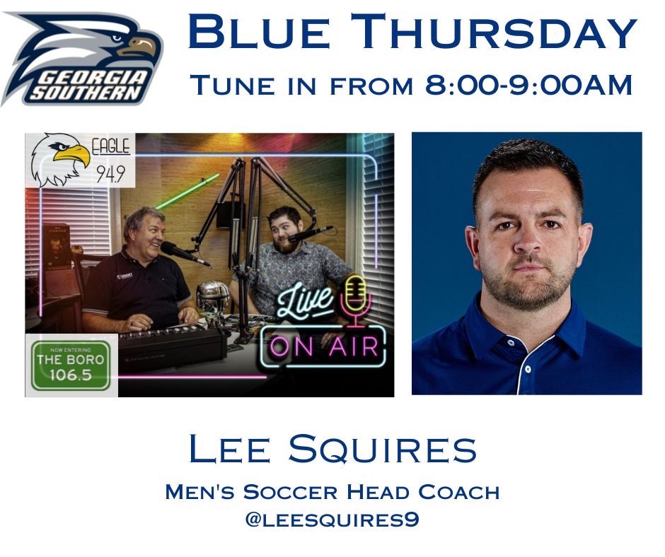 GSSportsNetwork's tweet image. #EagleNation join us for 𝐵𝑙𝑢𝑒 𝑇ℎ𝑢𝑟𝑠𝑑𝑎𝑦 on @Eagle94_9 from 8-9 am, as @leesquires9 talks @GSAthletics_MSO!
Live Audio: bit.ly/3XCcCSx
#GATA #HailSouthern @Learfield
