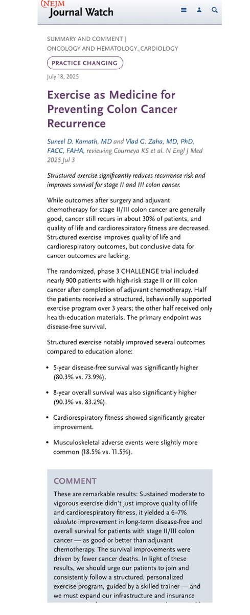Gabe__MD's tweet image. Exercise increases 8-year colon cancer survival rate by 7%
-In those with successfully treated stage ii and iii colon cancer.