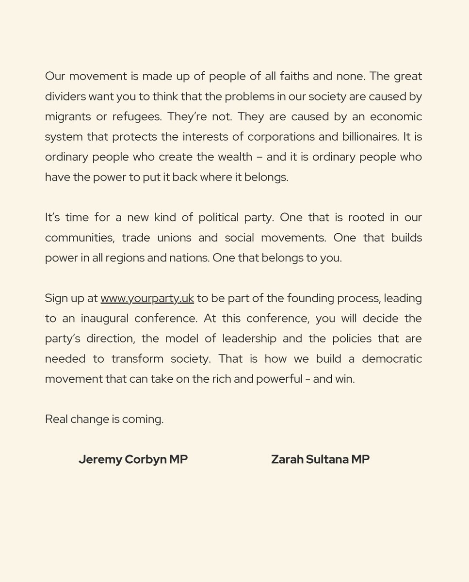🚨 NEW: Jeremy Corbyn has officially confirmed a new party with Zarah Sultana