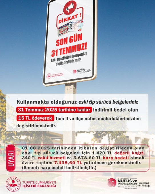 Siverek İlçe Nüfus Müdürlüğü (@ilcesiverek) on Twitter photo VATANDAŞLARIMIZIN DİKKATİNE.!
31.07.2025 tarihinde süresi dolacak olan "Eski Tip Sürücü Belgeleri" nin yenilenmesi hususunda İlçe Nüfus Müdürlüğümüz 26.07.2025 Cumartesi günü 08:00 ile 17:00 arasında vatandaşlarımıza hizmet için açık olacaktır.
<a href="/TCNufus/">Nüfus ve Vatandaşlık İşleri Genel Müdürlüğü</a>
<a href="/sanliurfanufus/">Şanlıurfa İl Nüfus ve Vatandaşlık Müdürlüğü</a> VATANDAŞLARIMIZIN DİKKATİNE.!
31.07.2025 tarihinde süresi dolacak olan "Eski Tip Sürücü Belgeleri" nin yenilenmesi hususunda İlçe Nüfus Müdürlüğümüz 26.07.2025 Cumartesi günü 08:00 ile 17:00 arasında vatandaşlarımıza hizmet için açık olacaktır.
<a href="/TCNufus/">Nüfus ve Vatandaşlık İşleri Genel Müdürlüğü</a>
<a href="/sanliurfanufus/">Şanlıurfa İl Nüfus ve Vatandaşlık Müdürlüğü</a>