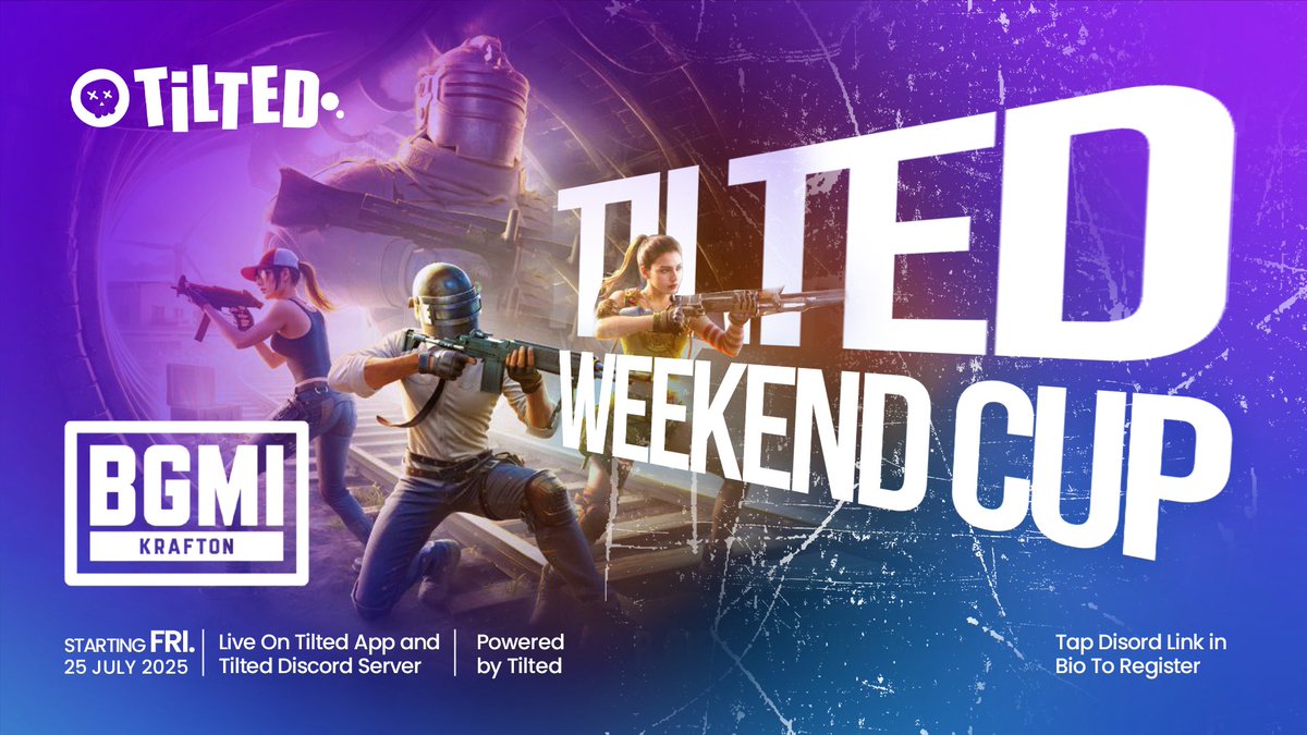 tiltedxyz's tweet image. 🎯 Get ready for the battlegrounds!

Introducing the Tilted Weekend Cup featuring BGMI by KRAFTON — a new community tournament for streamers, squads, and solo warriors 🏆

🗓 Starts Friday | July 25, 2025
🎥 Live on the Tilted App &amp;amp; Discord Server: discord.gg/gEaDHfTNbK…