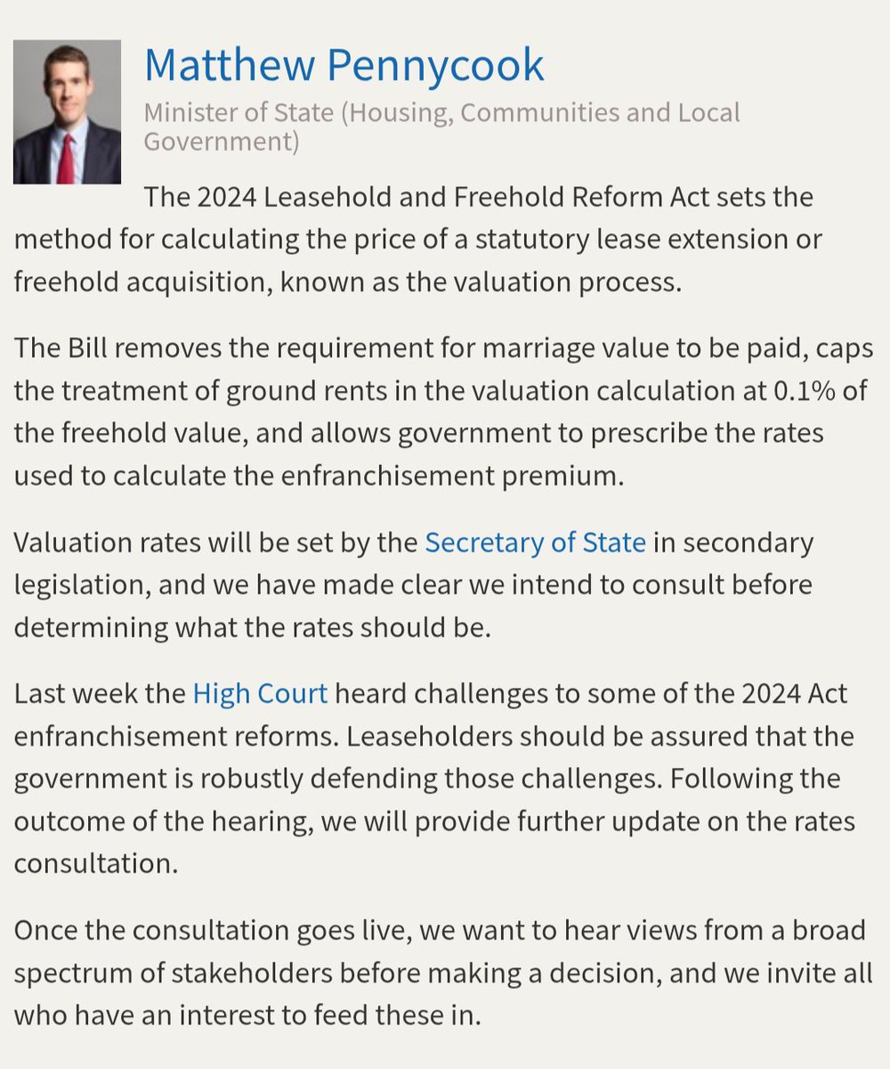 cattwil's tweet image. Clear statement from @mtpennycook on his & government's plan re valuation section of LAFRA2024
As we are now heading into summer recess & the JR outcome is unknown it's likely to be September before further action.
Tough for LHs
Great for freeholders
It is what it is
@NLC_2019