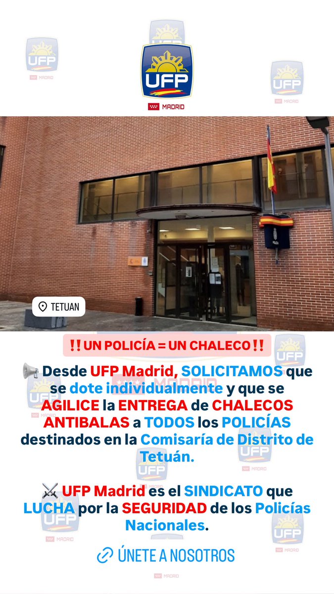 UFP_MADRID's tweet image. ‼️UN POLICÍA = UN CHALECO

📢Desde UFP Madrid, SOLICITAMOS que se dote individualmente y que se AGILICE la ENTREGA de CHALECOS ANTIBALAS a TODOS los POLICÍAS destinados en la Comisaría de Distrito de Tetuán.

⚔️UFP Madrid es el SINDICATO que LUCHA por la SEGURIDAD de los Policías