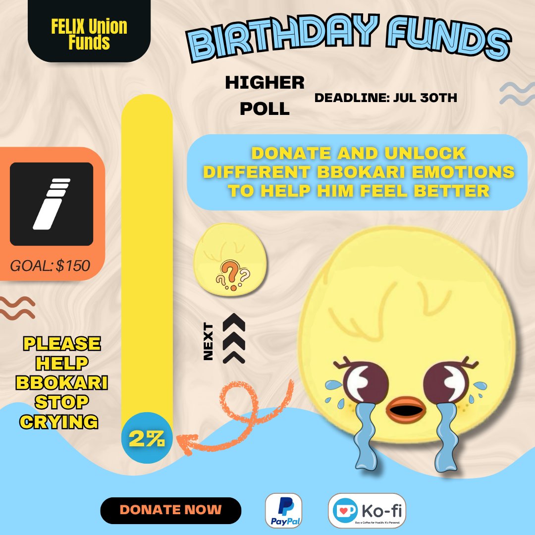 FELIXUnionFunds's tweet image. 🎁 #FELIX Birthday Funds
⌛️HIGHER: D-5🚨
🎯$150 (2%)
Donate & unlock different Bbokari emotions & help him feel better
Paypal:paypal.com/paypalme/felix…
Ko-fi:ko-fi.com/felixunionfunds
Every contribution matters! Your support is always appreciated🙏
#李龙馥 #필릭스 #フィリックス