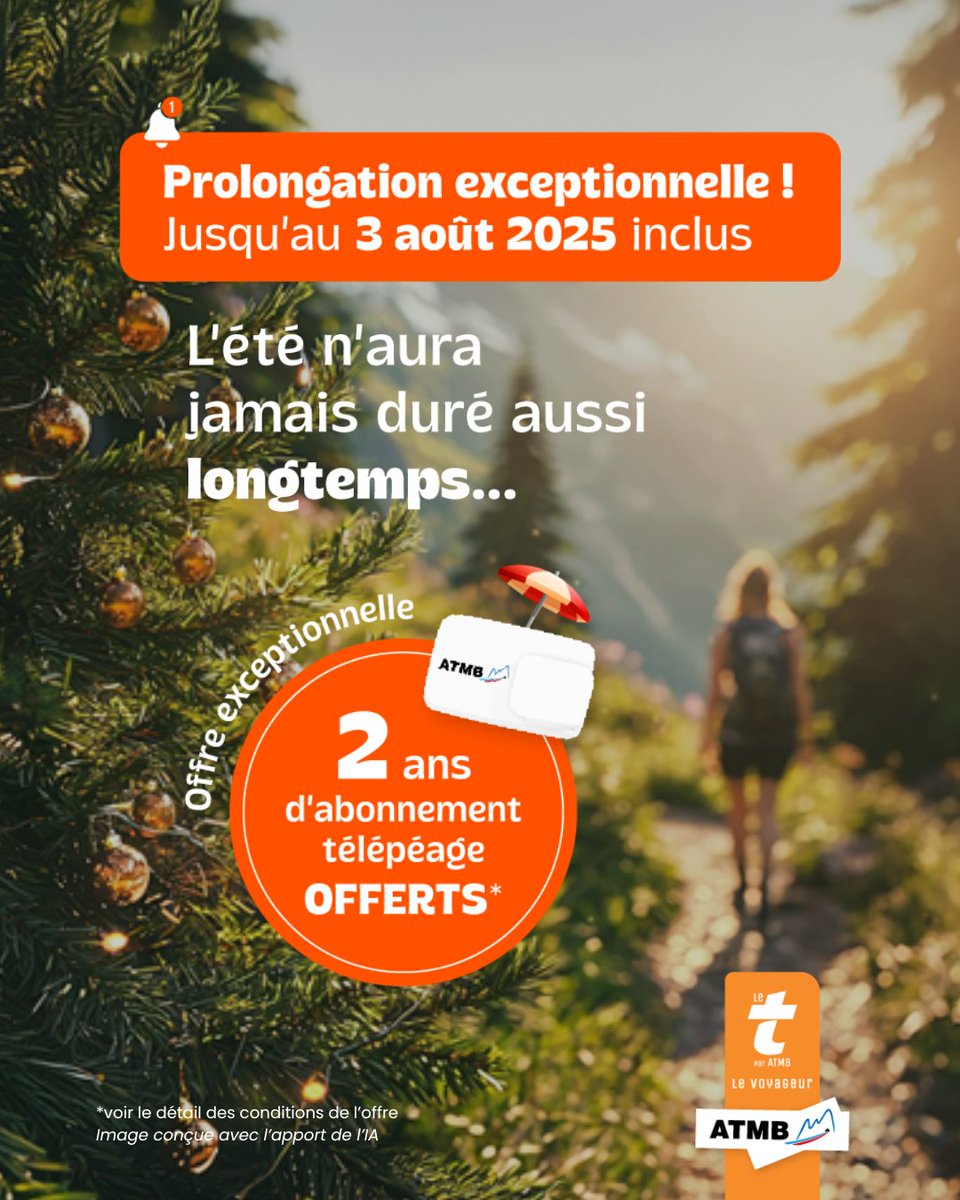 ATMBinfo's tweet image. 🚗💨 L’été continue… et notre offre aussi !
Jusqu’au 3 août, profitez de 24 mois sans frais d’abonnement avec l’offre Le Voyageur (1,90€/mois circulés) ☀️
Le télépéage, c’est :
✔️ Rapide
✔️ Sans engagement
✔️ Simple
🔗 atmb.com/telepeage-tari…
#LeVoyageur #Télépéage