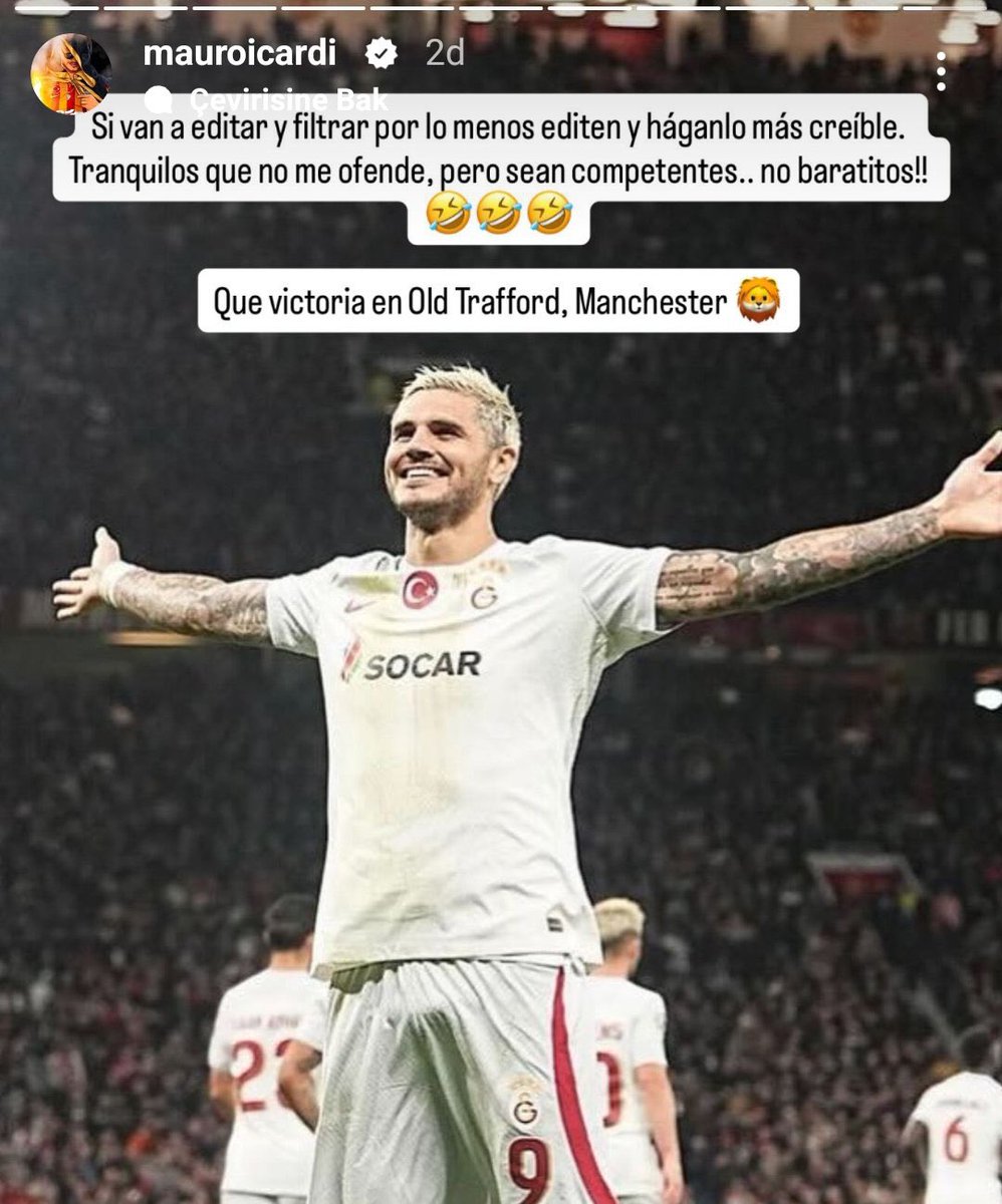 mistikmauro's tweet image. mauro icardi: “eğer düzenleyip filtreleyecekseniz, bari daha inandırıcı yapın. merak etmeyin, alınmıyorum ama biraz yetenekli olun... öyle ucuz işler yapmayın! 😂
old trafford, manchester'da ne zaferdi ama."