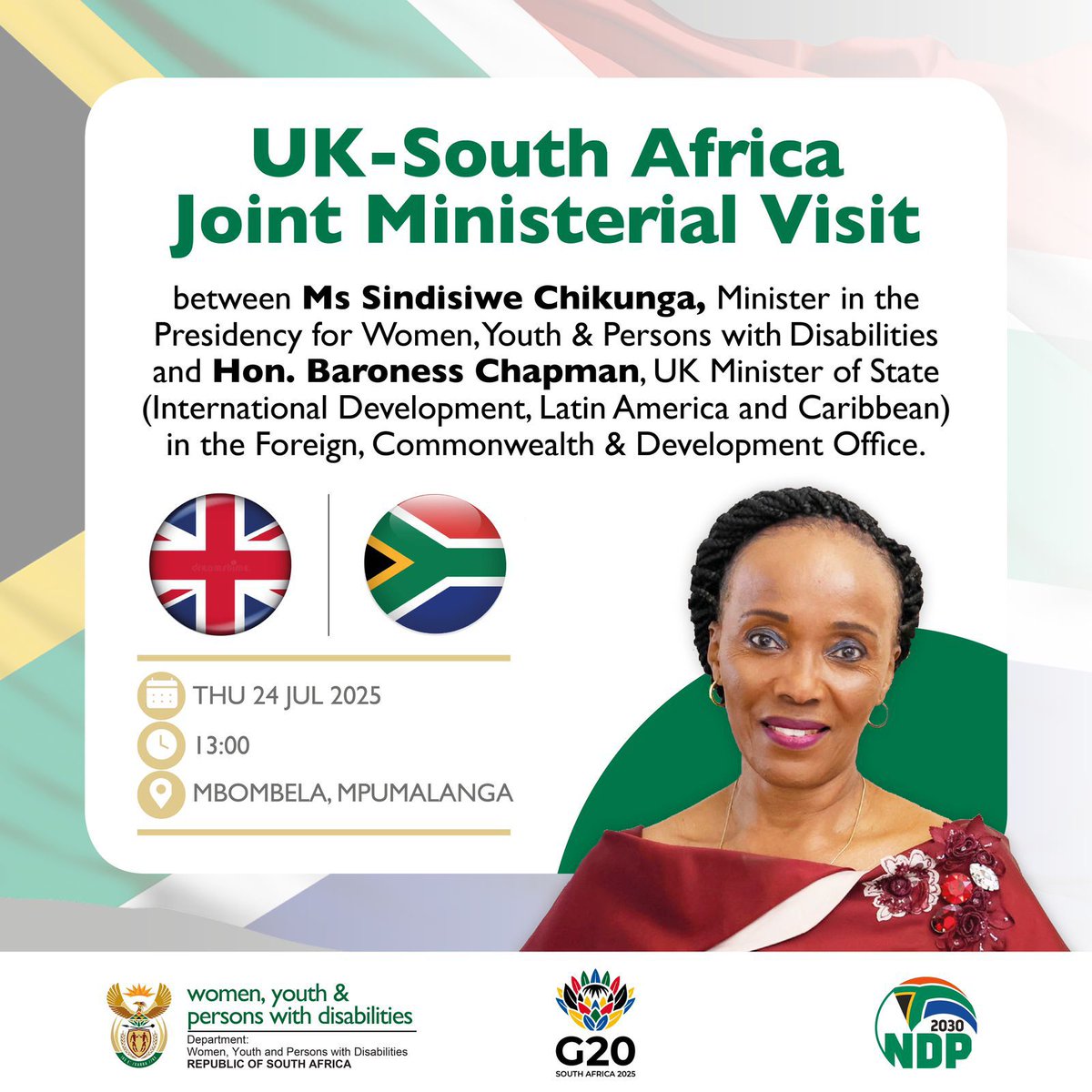DWYPD_ZA's tweet image. 🤝🇿🇦🇬🇧 Strengthening partnerships for inclusive development
Minister of @DWYPD_ZA @s_chikunga Chikunga, MP holds bilateral discussions with Hon. Baroness Chapman, UK Minister of State for International Development, during the UK–South Africa Joint Ministerial Visit.