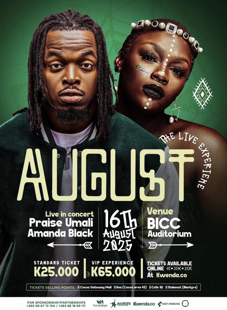 Kwenda.Co (@kwendaco) on Twitter photo ๐ฅ Itโs going down this August!
Amanda Black ๐ฟ๐ฆ x Praise Umali ๐ฒ๐ผ
One night. One stage. All the energy! ๐ถ
๐ BICC Auditorium, Lilongwe
๐
16 August 2025
๐ซ Get your tickets on kwenda:
๐ฒ Dial *495# or click ๐๐ฝ kwenda.co/events/d7d1241โฆ
Donโt miss this! ๐ฅ
#Kwenda #MalawiEvents ๐ฅ Itโs going down this August!
Amanda Black ๐ฟ๐ฆ x Praise Umali ๐ฒ๐ผ
One night. One stage. All the energy! ๐ถ
๐ BICC Auditorium, Lilongwe
๐
16 August 2025
๐ซ Get your tickets on kwenda:
๐ฒ Dial *495# or click ๐๐ฝ kwenda.co/events/d7d1241โฆ
Donโt miss this! ๐ฅ
#Kwenda #MalawiEvents