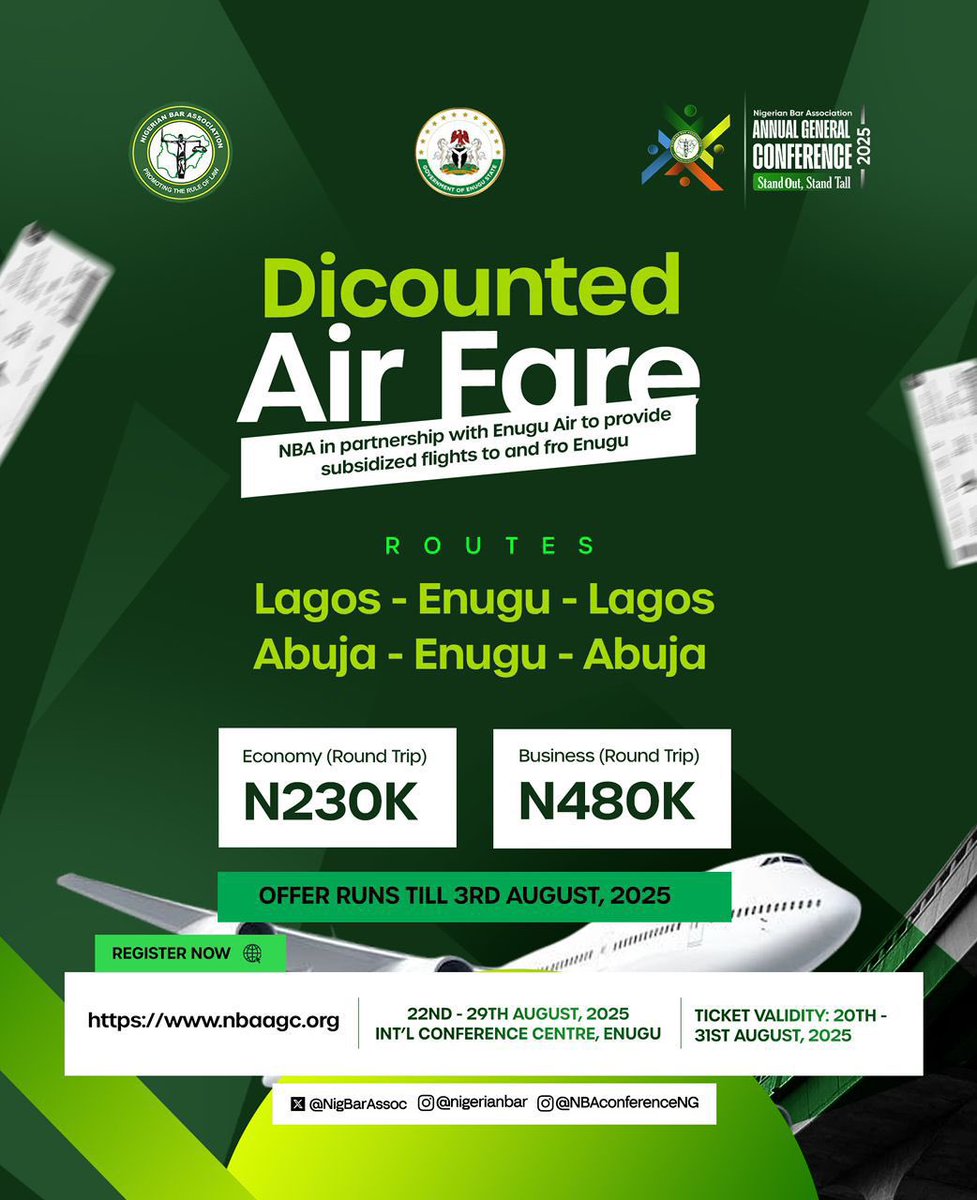 Etaba_agbor's tweet image. NBA & ENUGU AIR SUBSIDIZED FLIGHTS FOR NBA-AGC 2025 DELEGATES!
Dear Colleagues,
Great news! Following productive discussions between the Nigerian Bar Association (NBA) @NigBarAssoc and the Enugu State Government, parties have reached an agreement on subsidized flight offer for…