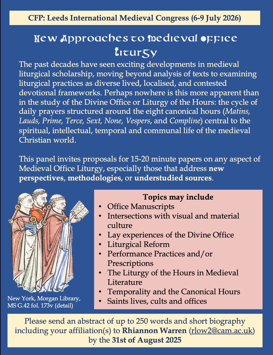 #CFP for #IMC2026 'New Approaches to Medieval Office Liturgy'. 

Please share widely and get in touch if you have any questions!