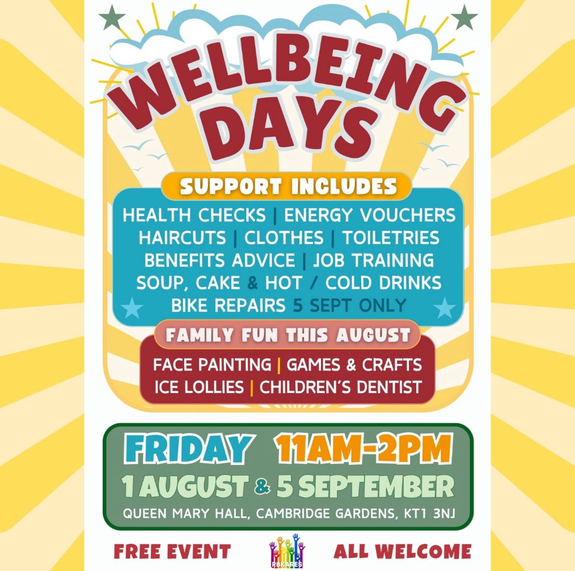 RBKares (@rbkares) on Twitter photo Our next wellbeing on 1/08 will have all the usual support for those who need it & have a focus on family fun-face painting, entertainment, lollies and a dentist who specialises in treating children.
Thank you to <a href="/RBKingston/">Kingston Council</a> for funding this Wellbeing day and all who support it. Our next wellbeing on 1/08 will have all the usual support for those who need it & have a focus on family fun-face painting, entertainment, lollies and a dentist who specialises in treating children.
Thank you to <a href="/RBKingston/">Kingston Council</a> for funding this Wellbeing day and all who support it.