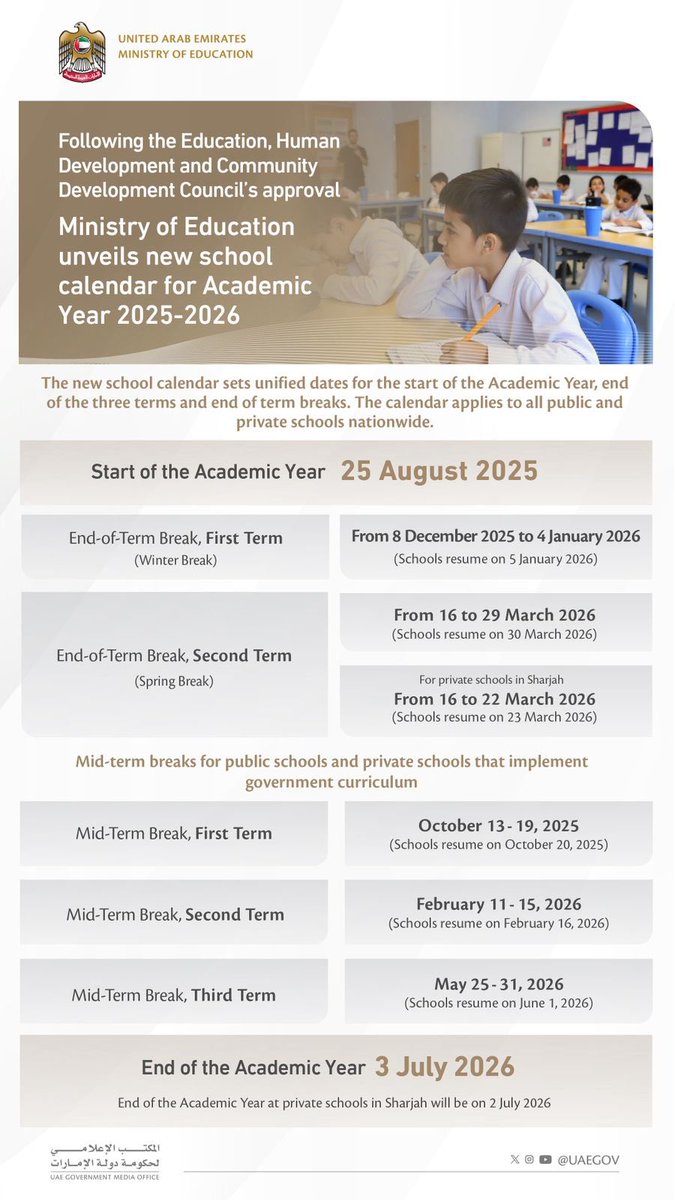 Following the Education, Human Development and Community Development Council’s approval
Ministry of Education unveils new school calendar for Academic Year 2025-2026

#UAE #Education #AcademicCalendar