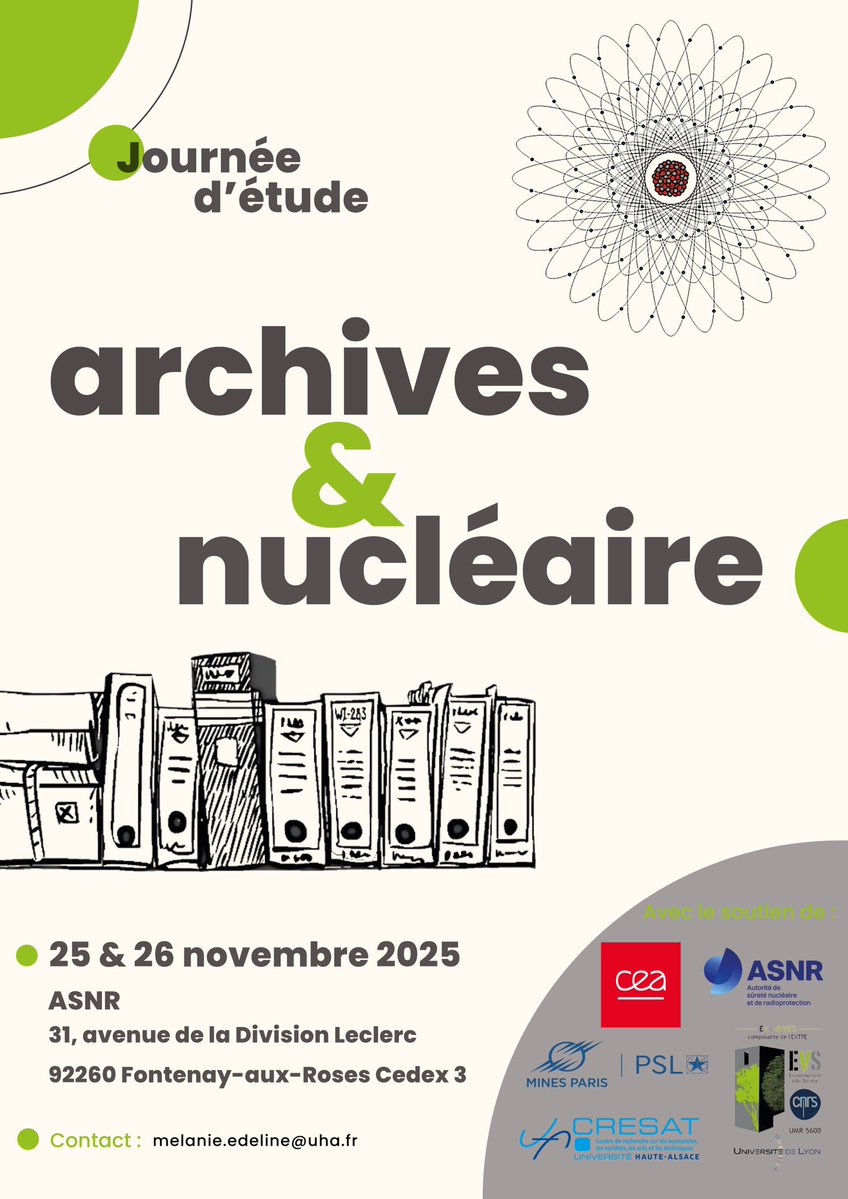 Mangeon4's tweet image. Très heureux de vous annoncer la prochaine édition des Journées d’étude “Archives & nucléaire” les 25 et 26 novembre 2025 à l’ASNR Fontenay-aux-Roses !
Un rendez-vous incontournable pour explorer les multiples dimensions du nucléaire civil à travers le prisme des archives.