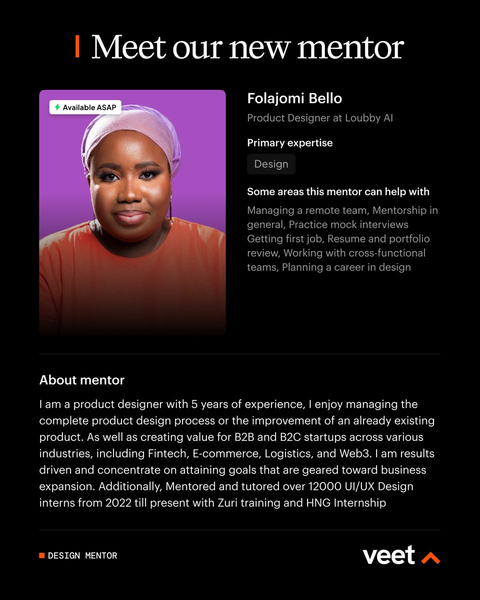 joinveet's tweet image. Meet our new mentor on Veet!
Folajomi Bello | Product Designer
With 5+ years of experience across Fintech, E-commerce, Logistics & Web3, @Phorlajormey has also mentored 12,000+ UI/UX interns through Zuri & HNG.
🎯 Book a session: joinveet.com/mentor/folajom…
#Design #Mentorship