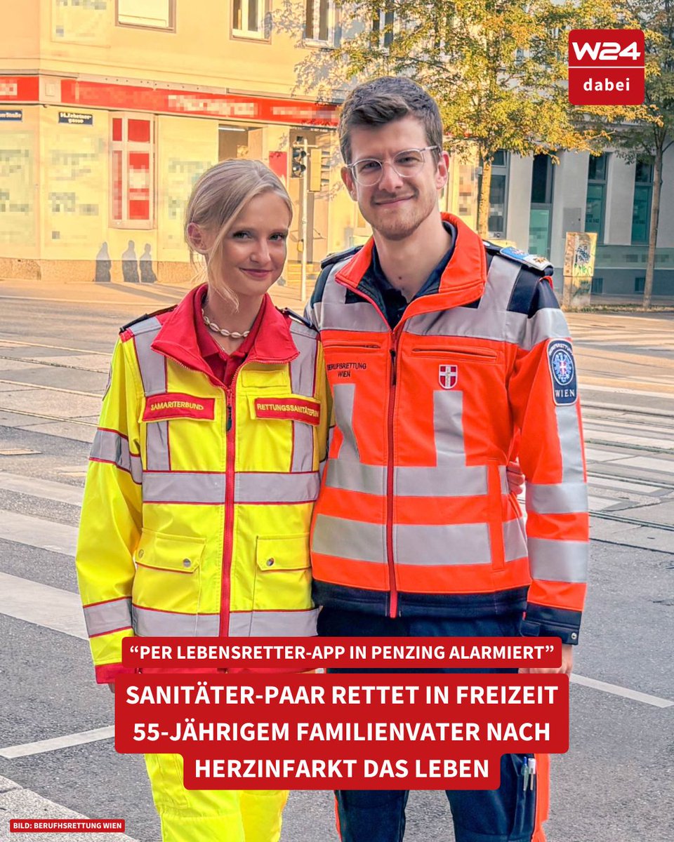 Julian (30) und Franziska (20) sind ein Rettungspärchen. In der unmittelbaren Nähe ihres Wohnortes in Penzing hat ein Autolenker (55) am Steuer einen Herzinfarkt erlitten - beide schritten sofort ein: shorturl.at/9P2Mw #w24dabei