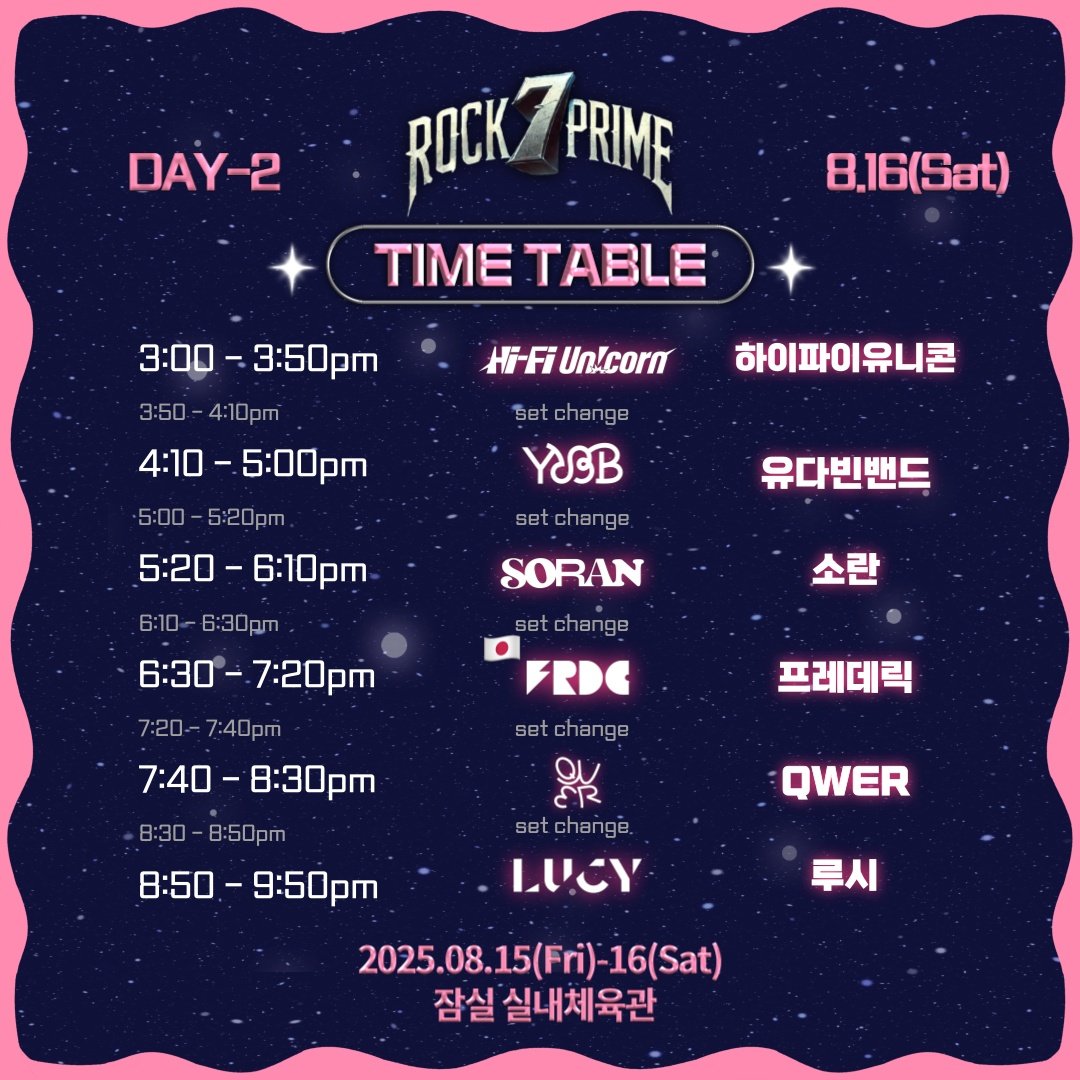 🎸 7 ROCK PRIME 2025 Timetable

🎤 ARTIST LINEUP - DAY 1   
🔥2025년 8월 15일(금 , 🇰🇷광복절) 3pm~
-CNBLUE (씨엔블루) <a href="/official_CNBLUE/">CNBLUE</a>
- NELL(넬) <a href="/spacebohemian/">NELL Official</a>
-Daybreak (데이브레이크) <a href="/Band_Daybreak/">데이브레이크 (Daybreak)</a>
 -ONEWE (원위) <a href="/official_ONEWE/">원위 (ONEWE)</a>
-CAR, THE GARDEN (카더가든 ) 
-THE MIDNIGHT